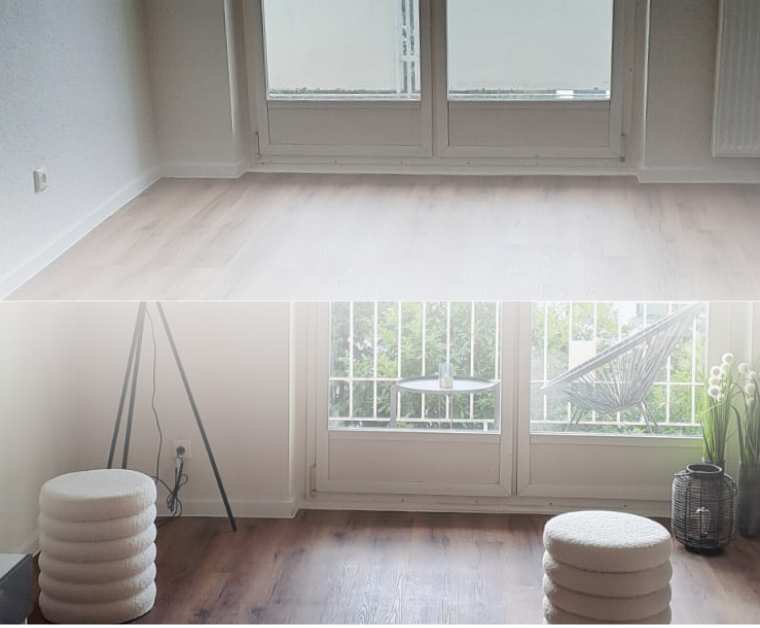 Vergleich von zwei Wohnzimmern: Links ein Wohnzimmer ohne Homestaging, unmöbliert und neutral, rechts ein Wohnzimmer mit Homestaging, stilvoll eingerichtet und dekoriert.
