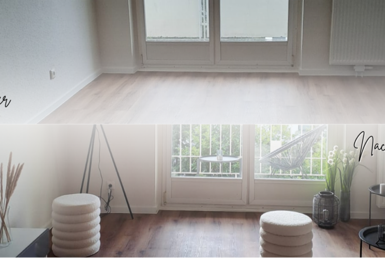 Vergleich von zwei Wohnzimmern: Links ein Wohnzimmer ohne Homestaging, unmöbliert und neutral, rechts ein Wohnzimmer mit Homestaging, stilvoll eingerichtet und dekoriert.