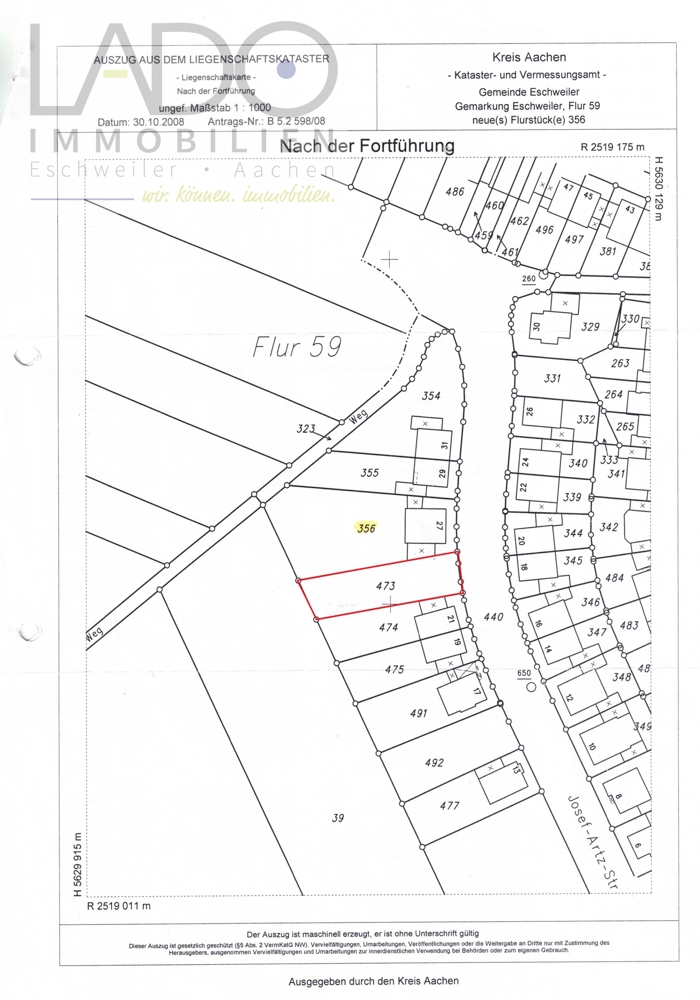 Grundstück (Wohnbebauung) Eschweiler / Bergrath kaufen Phi: Flurkarte mit Abtrennung Immobilienmakler Eschweiler / Bergrath Grundstück (Wohnbebauung) kaufen mit Immobilienbewertung