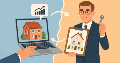 Vergleich Online-Immobilienbewertung am Laptop und persönliche Maklerbewertung mit Schlüsselübergabe.