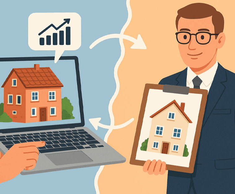 Vergleich Online-Immobilienbewertung am Laptop und persönliche Maklerbewertung mit Schlüsselübergabe.