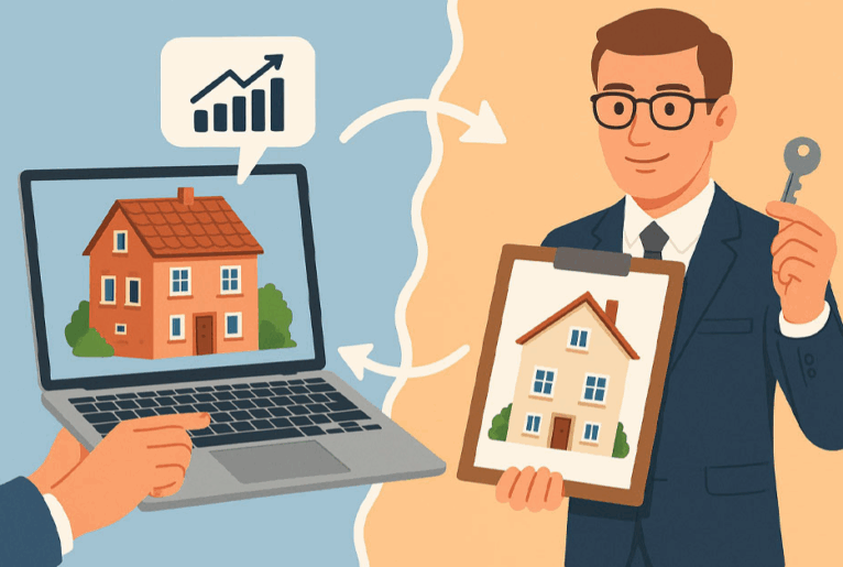 Vergleich Online-Immobilienbewertung am Laptop und persönliche Maklerbewertung mit Schlüsselübergabe.